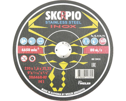 Řezný kotouč SKORPIO Ø 230 х 1,6 х 22,2 mm Řezný kotouč na nerezovou ocel, 230 x 1,6 x 22,23 milimetrů