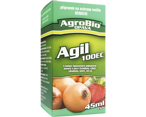 Balení herbicidu AgroBio Opava Agil 100 EC s cibulí a jahodami
