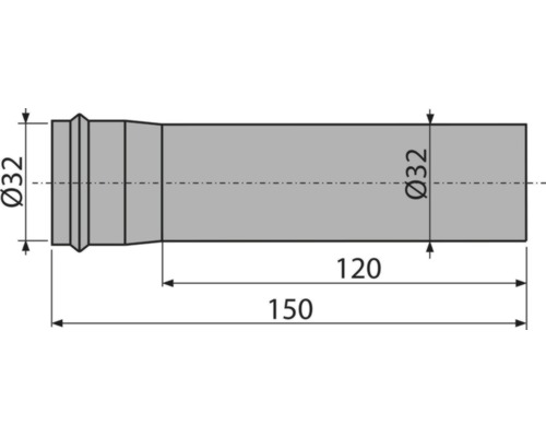 Technický nákres trubky o průměru 32 mm a délce 150 mm