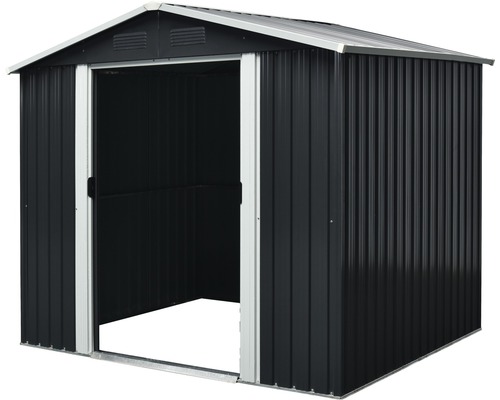 Kovový zahradní domek s otevřenými dveřmi