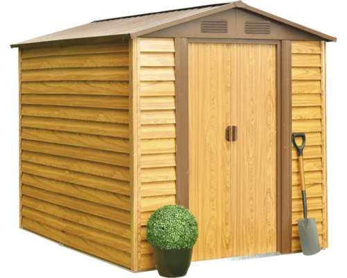 Zahradní bouda s dvoukřídlými dveřmi, lopatou a květináčem