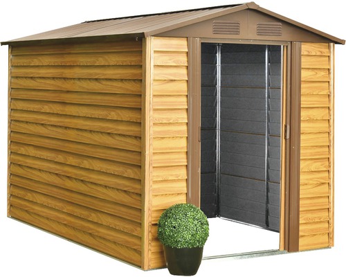 Zahradní domek s dřevěným efektem a otevřenými dveřmi