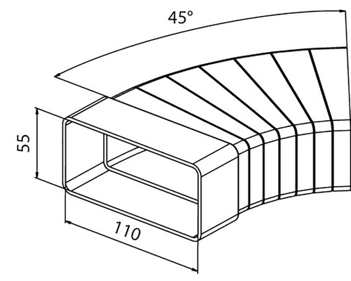 Technický výkres obdélníkového potrubního kolena s úhlem 45 stupňů a rozměry 55 krát 110 milimetrů
