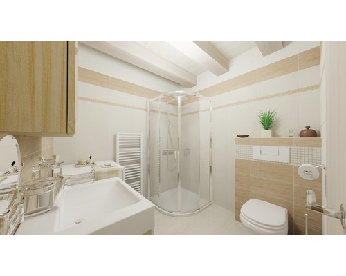 Světlá koupelna se sprchou, umyvadlem, toaletou a radiátorem