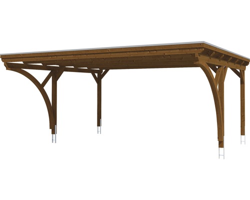 Dřevěný přístřešek pro auto s plochou střechou na kovových podpěrách