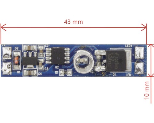 Elektronický obvod o délce 43 mm a šířce 10 mm