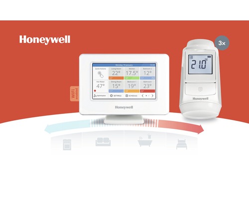 Logo Honeywell, prostorový termostat s podporou WiFi s ukazatelem teploty a tři bezdrátové radiátorové termostatické ventily
