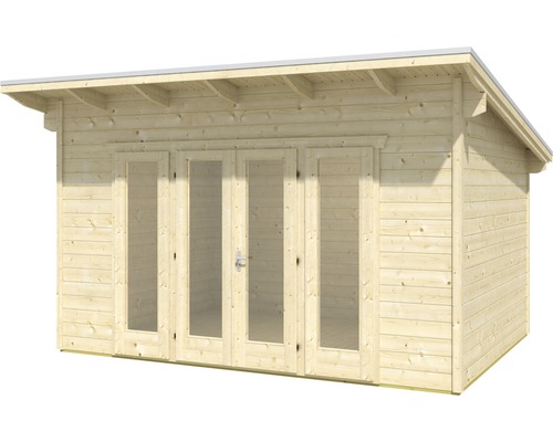 Dřevěný zahradní domek s dvoukřídlými dveřmi a okny