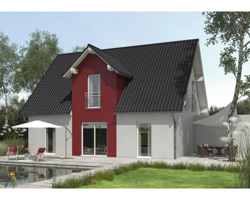 Moderní rodinný dům s tmavou střechou, terasou a zahradou.