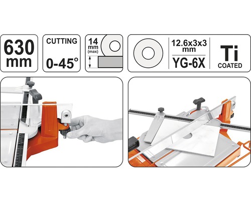 Technický nákres řezačky obkladů a dlažeb s údaji: délka řezu 630 milimetrů, úhel řezu 0 až 45 stupňů, maximální průměr kotouče 14 milimetrů, řezací kolečko YG-6X 12,6 x 3 x 3 milimetrů, titanový povlak