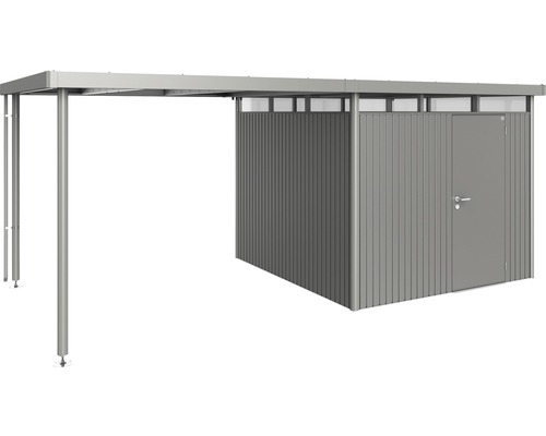 Kovový zahradní domek s přístřeškem pro auto a dveřmi