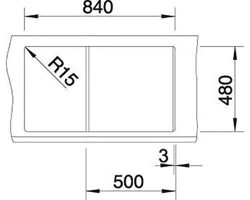 Nákres dřezu o rozměrech 840 x 480 x 500 mm a s rohovým rádiusem 15 mm