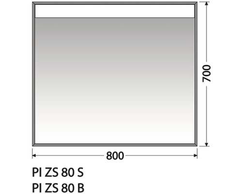 Zrcadlo do koupelny s osvětlením Intedoor Pineto stříbrné 80 x 70 cm PI ZS 80 S Technický nákres zrcadla o rozměrech 800 x 700 milimetrů