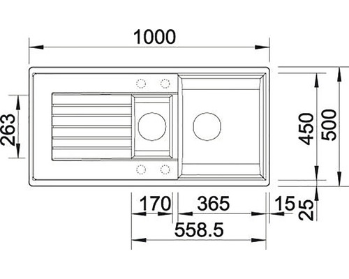 Technický nákres kuchyňského dřezu s rozměry