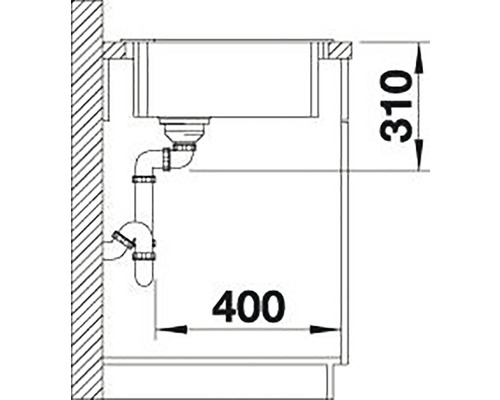 Nákres dřezu s odtokovými trubkami a rozměry