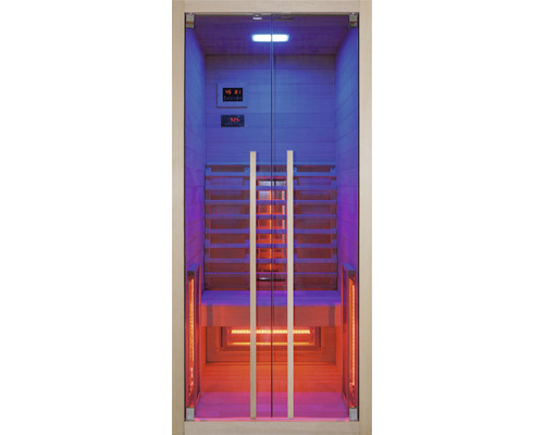 Infračervená sauna s prosklenými dveřmi a dřevěnými sedadly