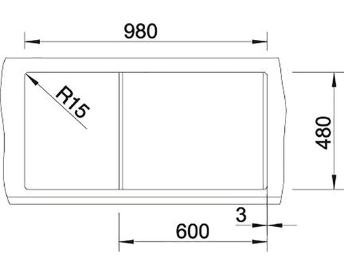 Technický nákres dřezu o rozměrech 980 x 480 milimetrů