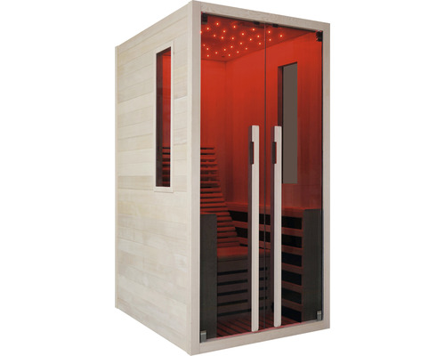 Sauna se skleněnými dveřmi a dřevěným obložením.
