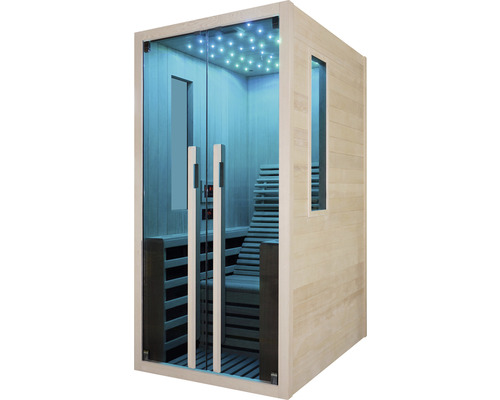 Sauna se skleněnou přední stranou a dřevěným obložením