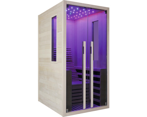 Sauna se skleněnými dveřmi a vnitřním osvětlením