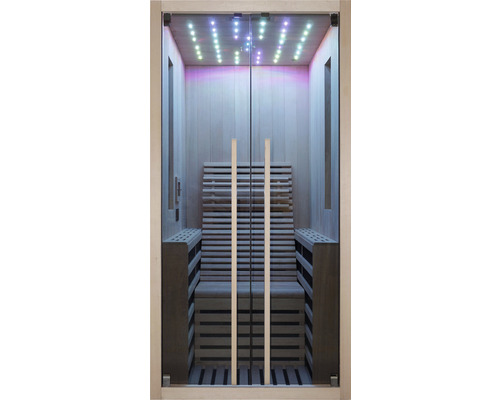 Sauna se skleněnými dveřmi a vnitřním osvětlením