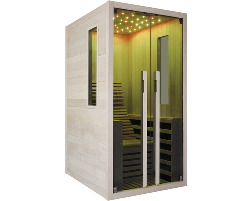 Sauna se skleněnou přední stranou, dřevěnými sedadly a osvětlením