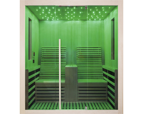 Sauna s dřevěnými lavicemi a skleněnou přední stěnou