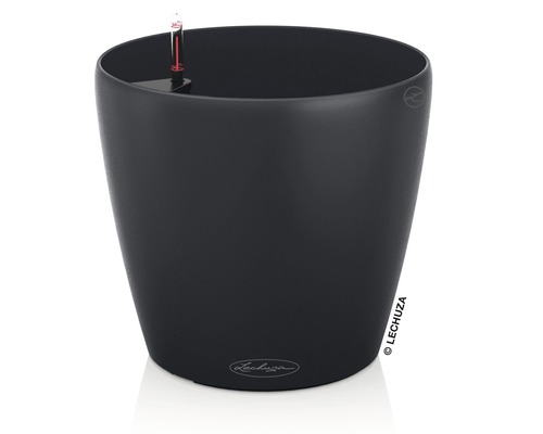 Černý květináč s ukazatelem hladiny vody