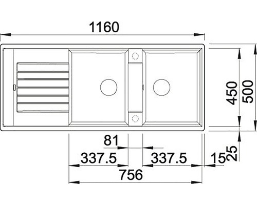 Výkres umyvadla s dvojitým umyvadlem a rozměry.