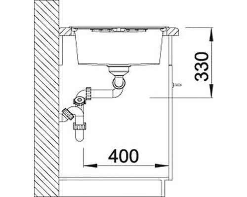 Technický nákres umyvadla s rozměry 400 x 330 mm.