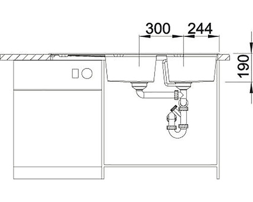 Nákres dřezu se spodní skříňkou a rozměry.