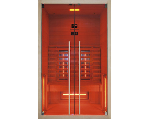 Infračervená kabina se skleněnými dveřmi a dřevěnými prvky