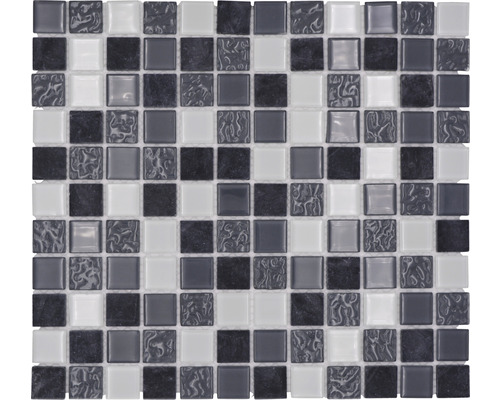 Skleněná mozaika s přírodním kamenem CM M422 30,5x32,5 cm šedá/černá