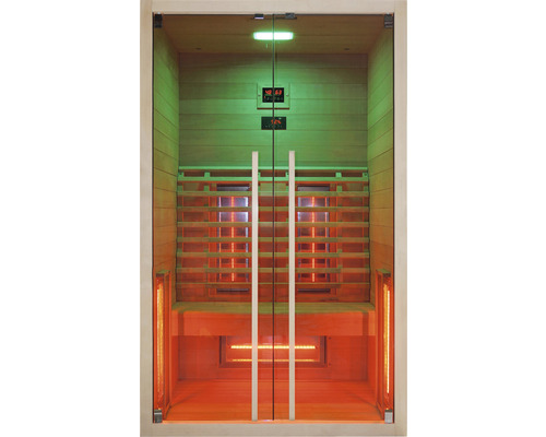 Infračervená sauna s prosklenými dveřmi, dřevěnými sedadly a digitálními displeji