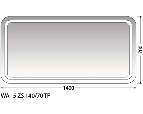 Zrcadlo do koupelny s osvětlením Intedoor Wave 140 x 70 cm WA5 ZS 140/70 TF Produktový nákres okna o rozměrech 1400 x 700 mm