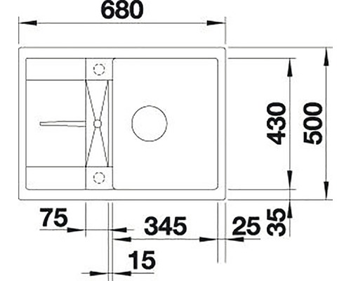Výkres kuchyňského dřezu s rozměry.