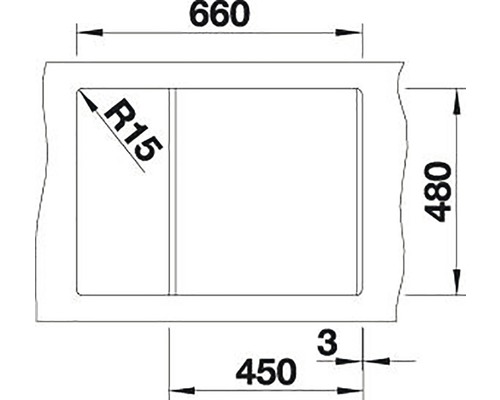 Technický výkres obdélníkového umyvadla o rozměrech 660 x 480 mm