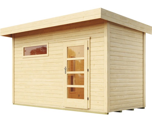 Dřevěný zahradní domek s plochou střechou, dveřmi a oknem