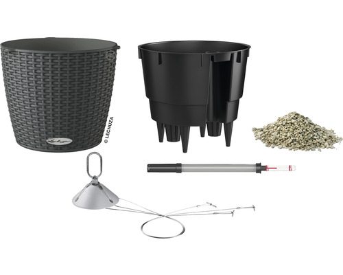 Komponenty pro květináče Lechuza: květináč, vnitřní nádoba, substrát, ukazatel hladiny vody, zavěšení