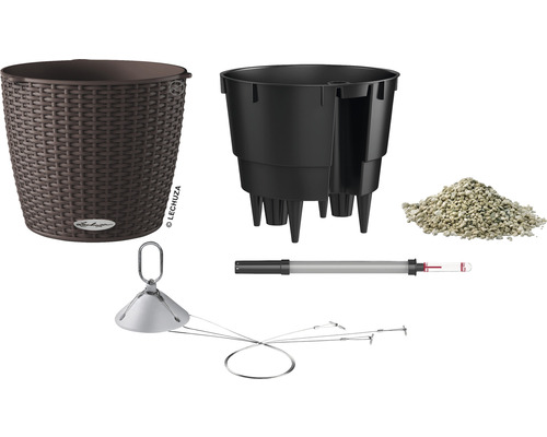 Květináč s vložkou, substrátem, ukazatelem hladiny vody a závěsem