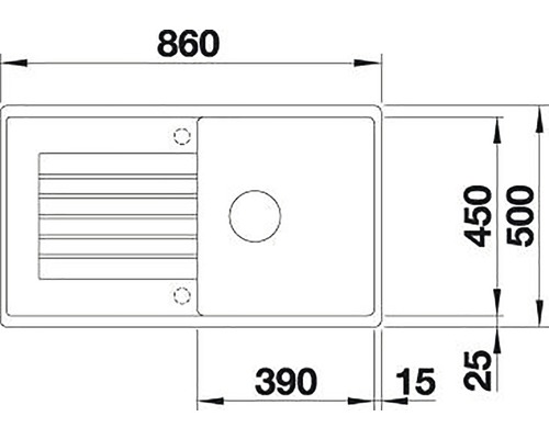 Technický nákres kuchyňského dřezu o rozměrech 860 x 500 mm