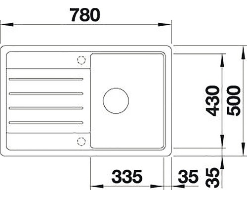 Technický výkres dřezu s odkapávací plochou o rozměrech 780 x 500 milimetrů