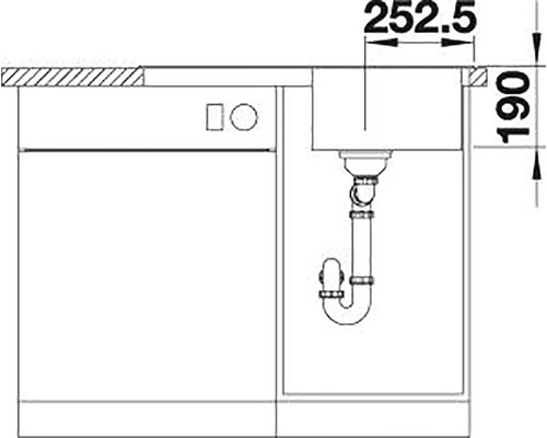 Nákres kuchyňského dřezu s rozměry 252,5 a 190