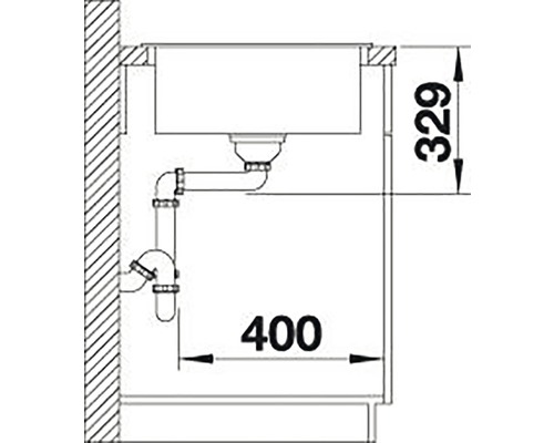 Technický nákres dřezu s rozměry 329 a 400.