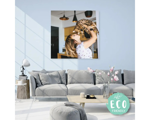 Foto na plátně s motivem ženy zvedající kočku, nad pohovkou v obývacím pokoji