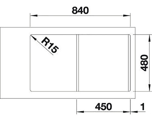 Technický výkres dřezu o rozměrech 840 x 480 mm