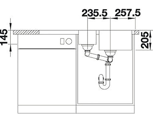 Rozměrový výkres dřezu se spodní skříňkou a připojením trubky