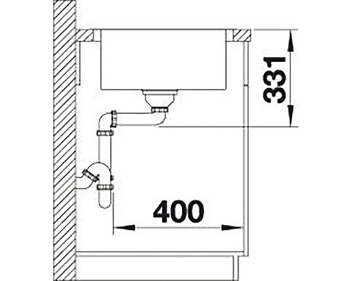Technický výkres dřezu s odtokovou soupravou a rozměry