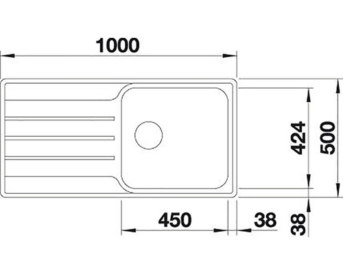 Technický nákres kuchyňského dřezu s rozměry