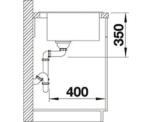 Technický nákres dřezu o rozměrech 350 krát 400 milimetrů